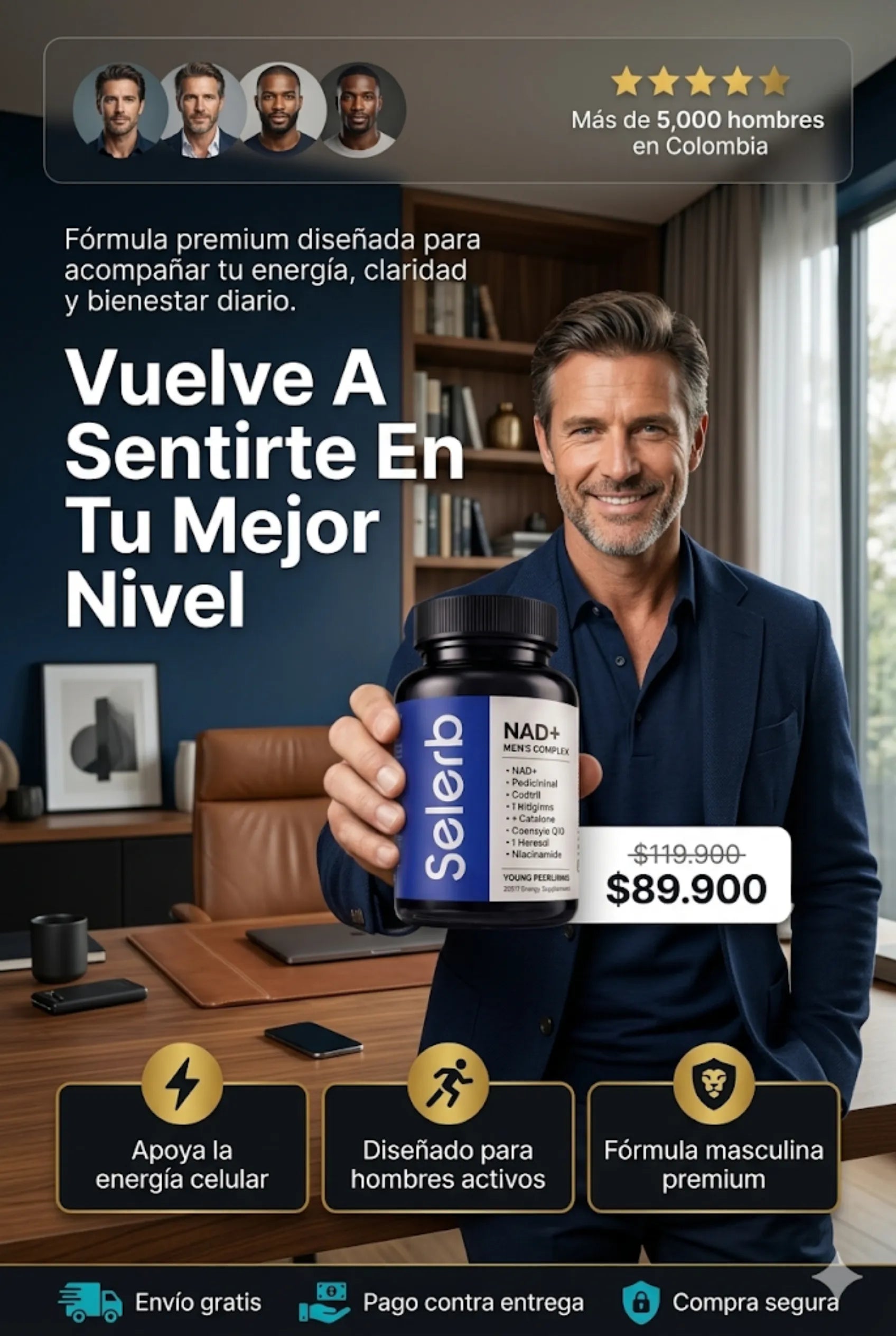 Suplemento Selerb NAD+ Men's Complex para energía celular y enfoque mental en hombres. Compra con envío gratis y pago contra entrega en Colombia.