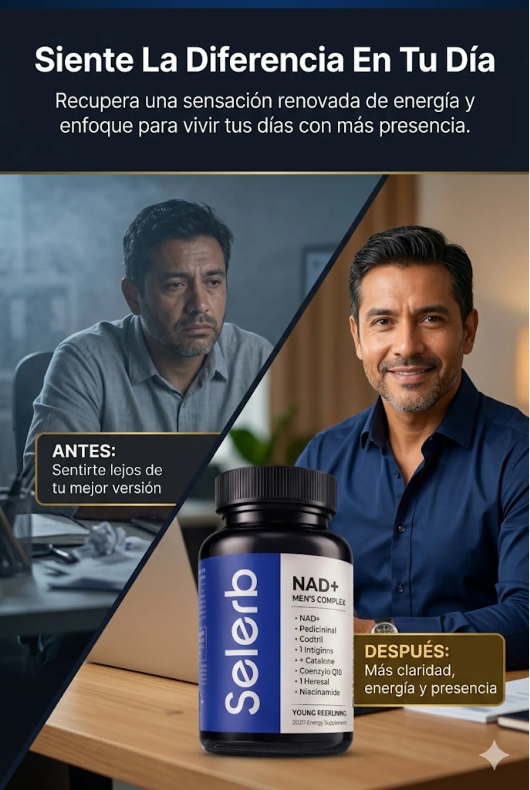 Comparativa de antes y después del desgaste físico y la fatiga masculina con el tratamiento de vitalidad diaria Selerb.