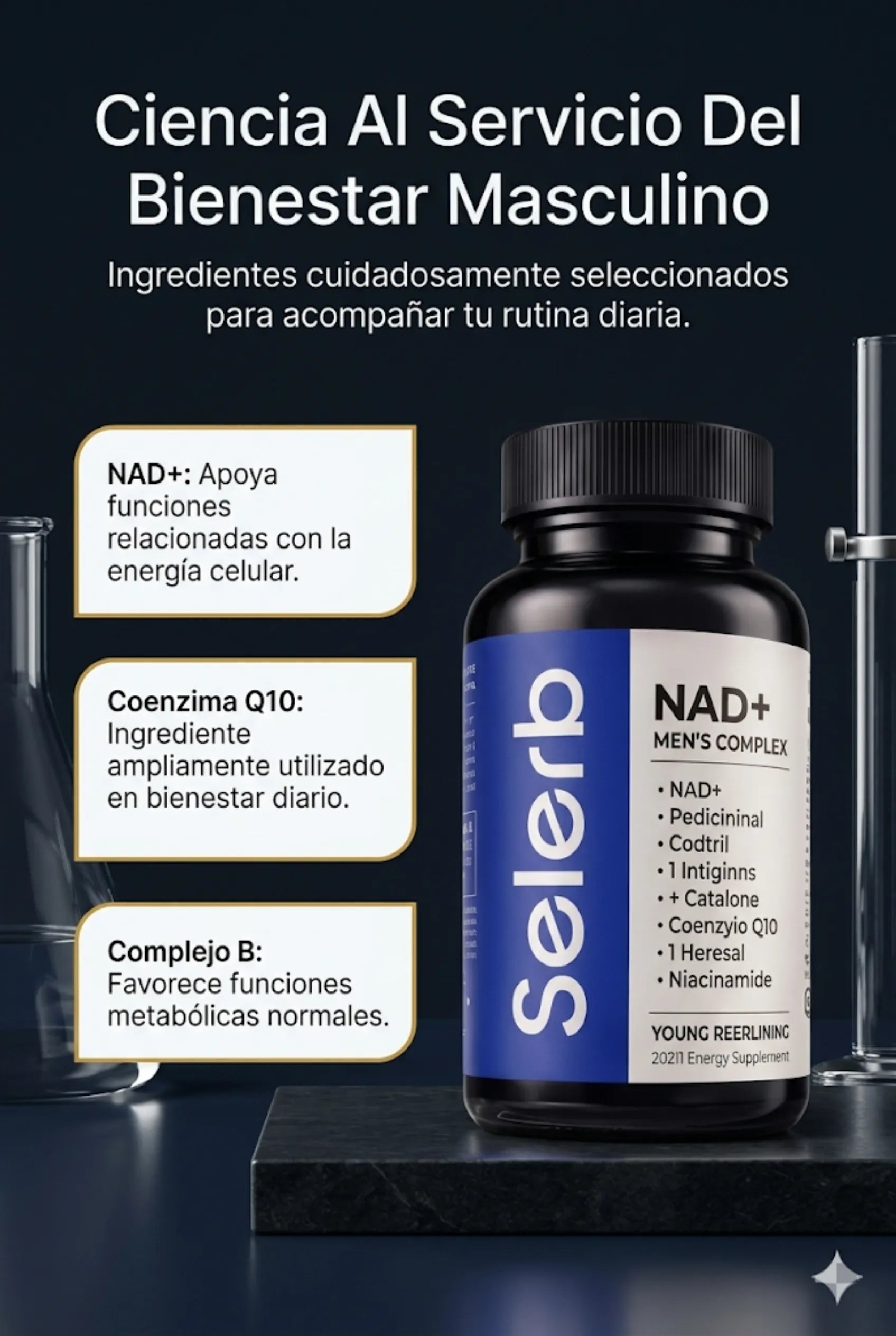 Componentes premium de Selerb Men's Complex: NAD+, Coenzima Q10 y Complejo B para el bienestar y metabolismo masculino.