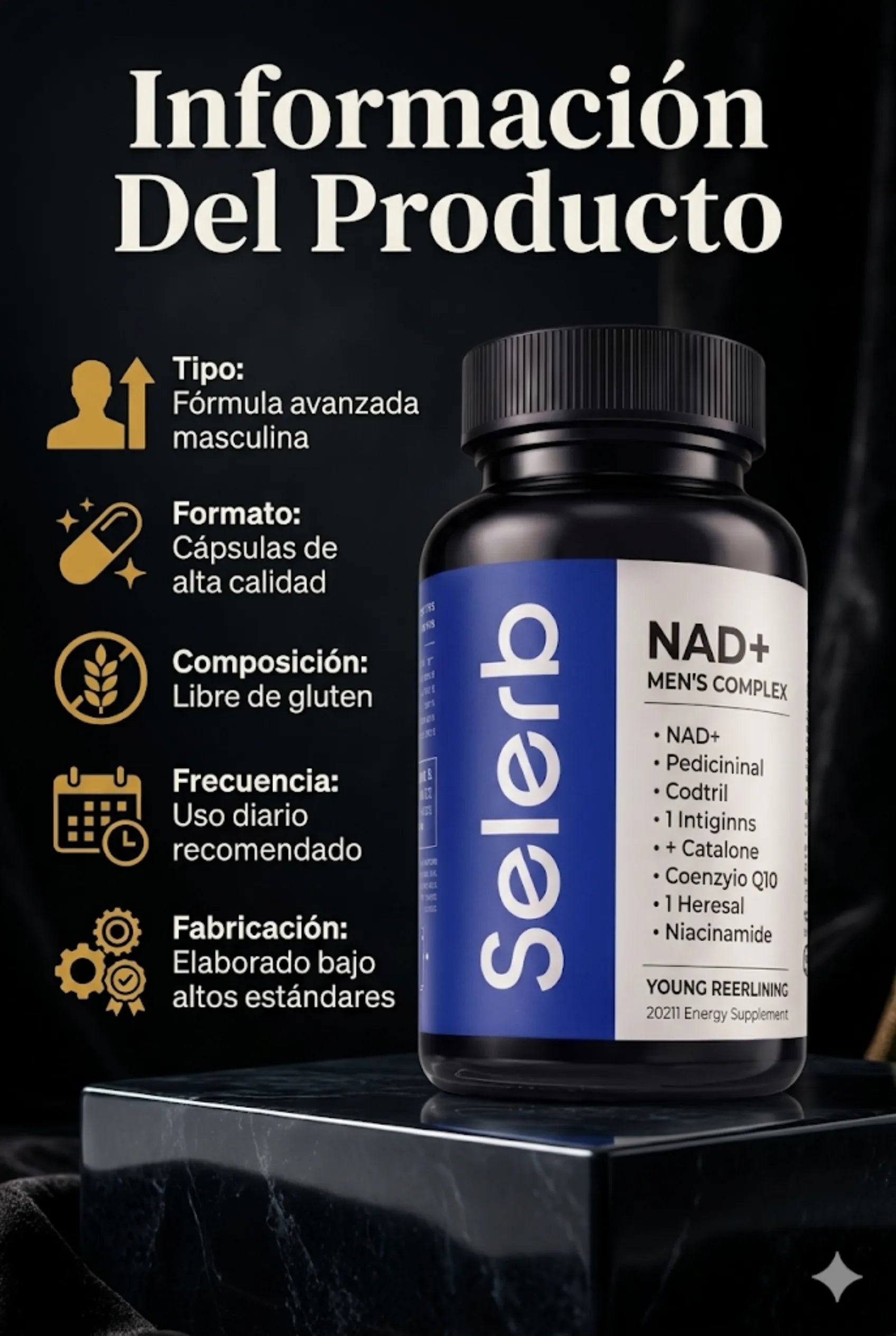Información técnica y características del producto Selerb: fórmula avanzada masculina en cápsulas libres de gluten, de uso diario y elaborada bajo altos estándares de calidad.