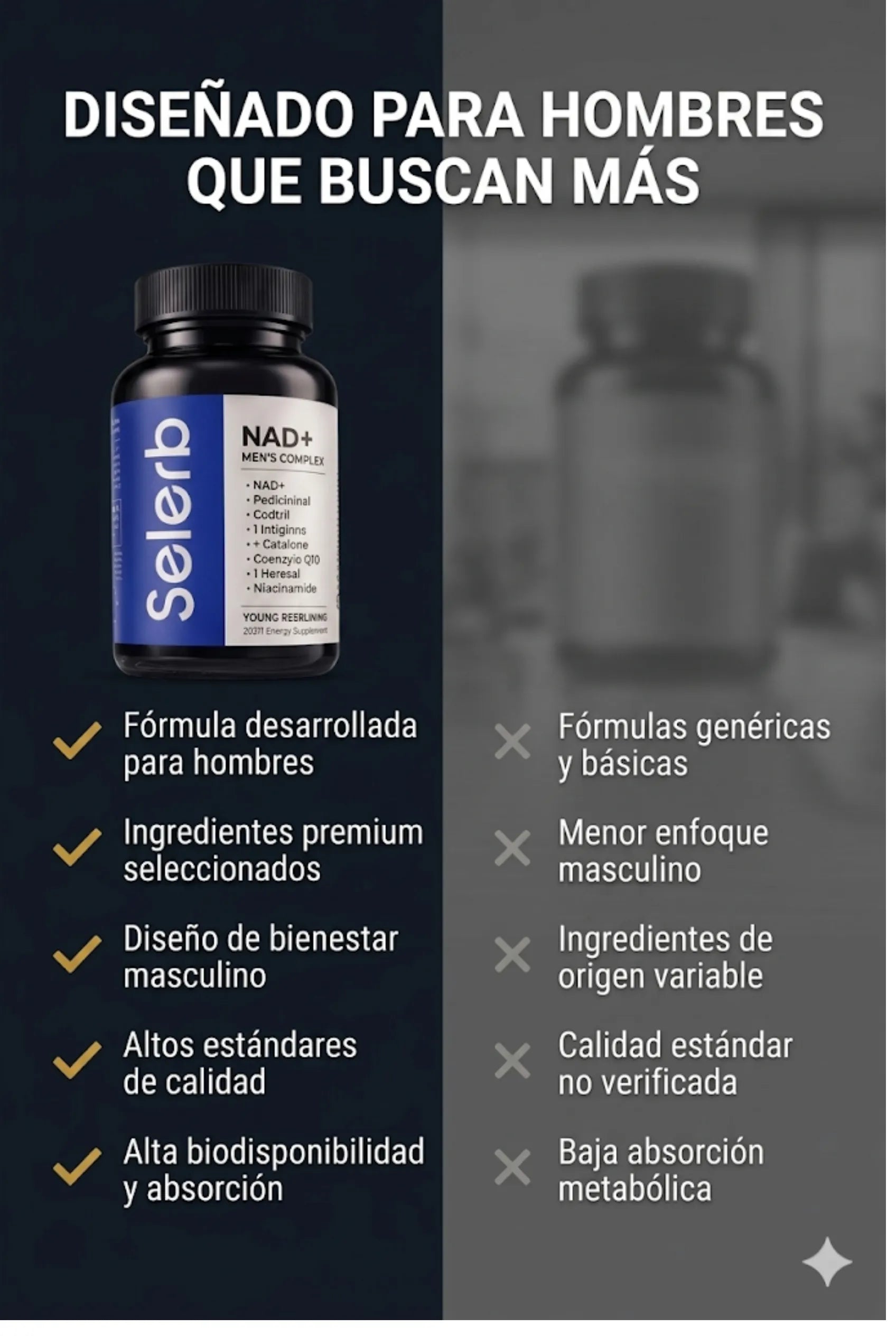 Diferencias y ventajas de la fórmula de alta absorción Selerb frente a multivitamínicos y fórmulas genéricas básicas para hombres.